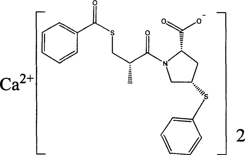 Chemical structure of Zofenopril Calcium showing the calcium salt complex with the proline derivative and benzoylthio side chain