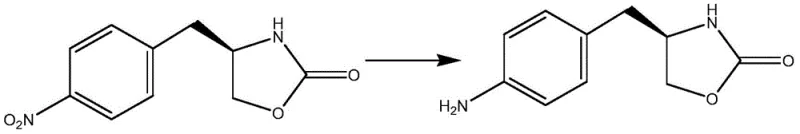 Chemical reaction scheme showing the reduction of (S)-4-(4-nitrobenzyl)-2-oxazolidinone to (S)-4-(4-aminobenzyl)-2-oxazolidinone using Pd/C and ammonium formate